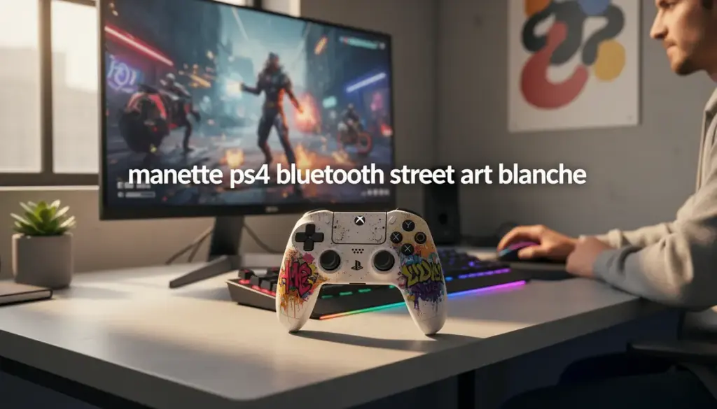 Setup gaming avec manette PS4 bluetooth street art blanche