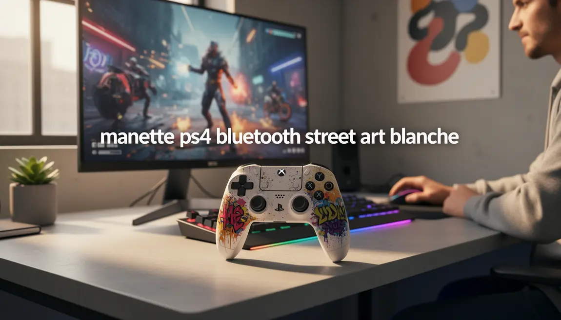 Setup gaming avec manette PS4 bluetooth street art blanche