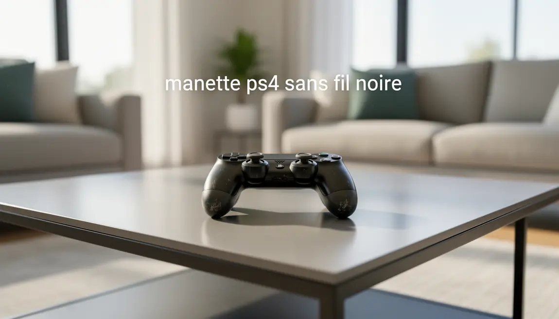 Manette PS4 noire sans fil sur table salon