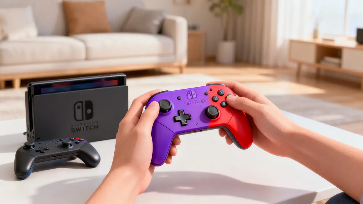 Main tenant manette sans fil bicolore violet Switch