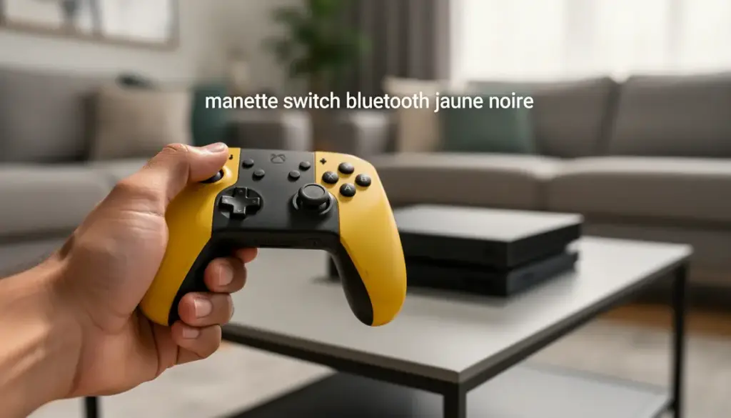 main tenant une manette switch bluetooth jaune noire devant console