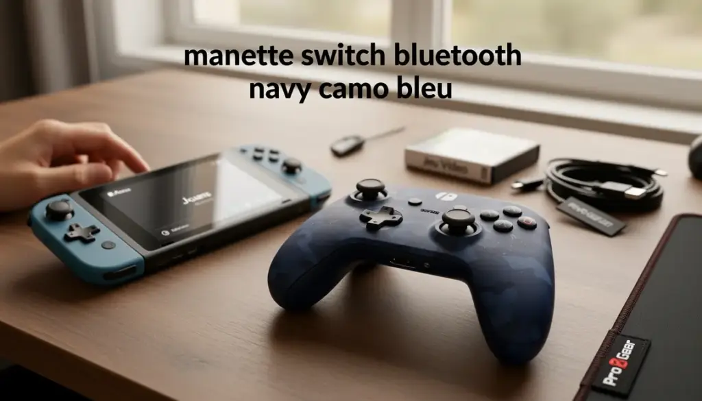 Manette Switch Bluetooth Navy Camo Bleu sur table avec console