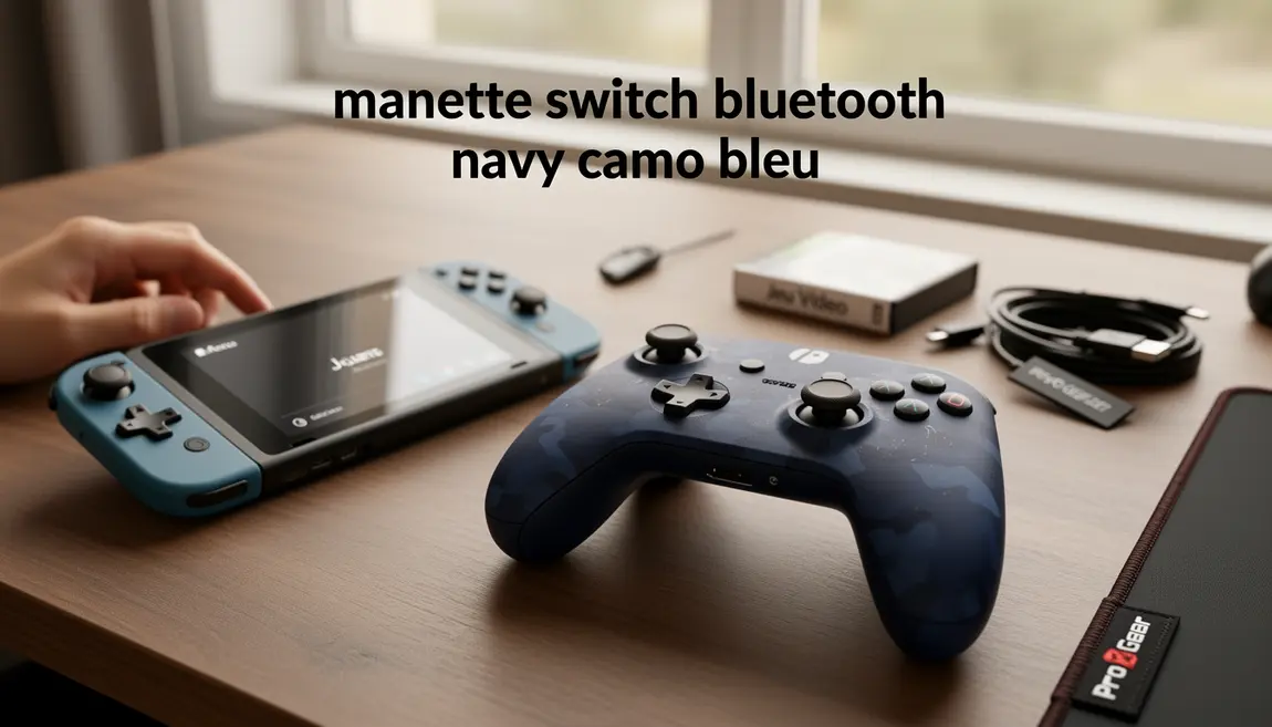 Manette Switch Bluetooth Navy Camo Bleu sur table avec console
