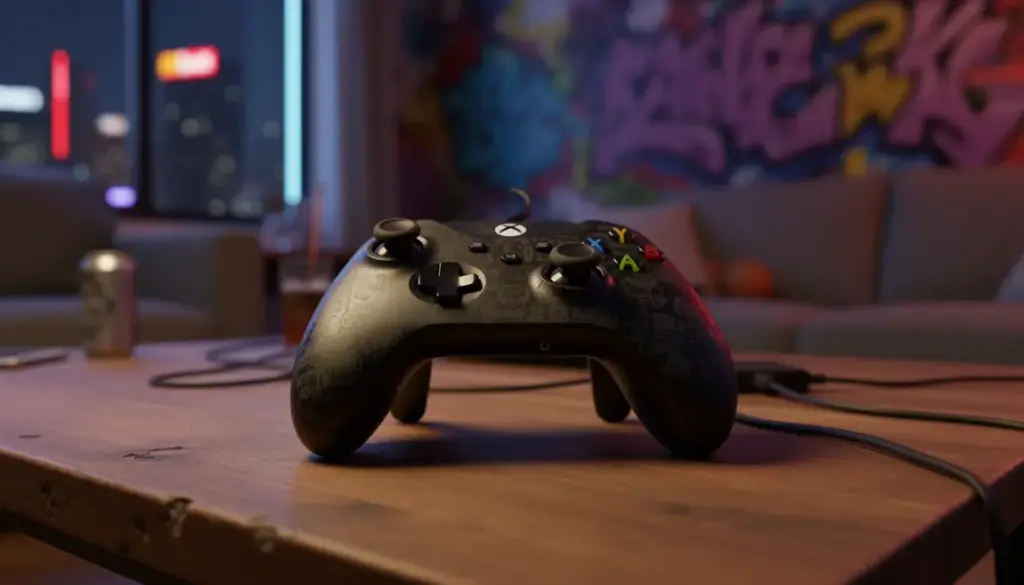 manette switch bluetooth street art noire sur table ambiance urbaine