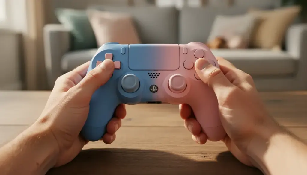Manette Switch ii-Con bleu rose sur table, gaming familial