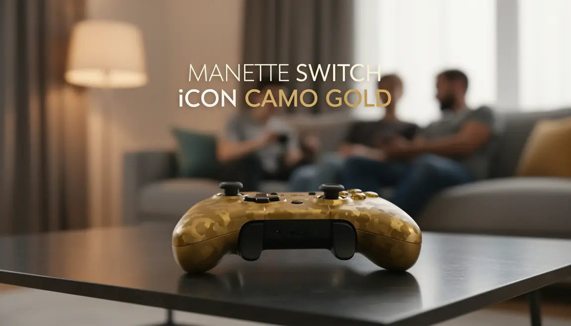manette switch iicon camo gold gros plan sur table