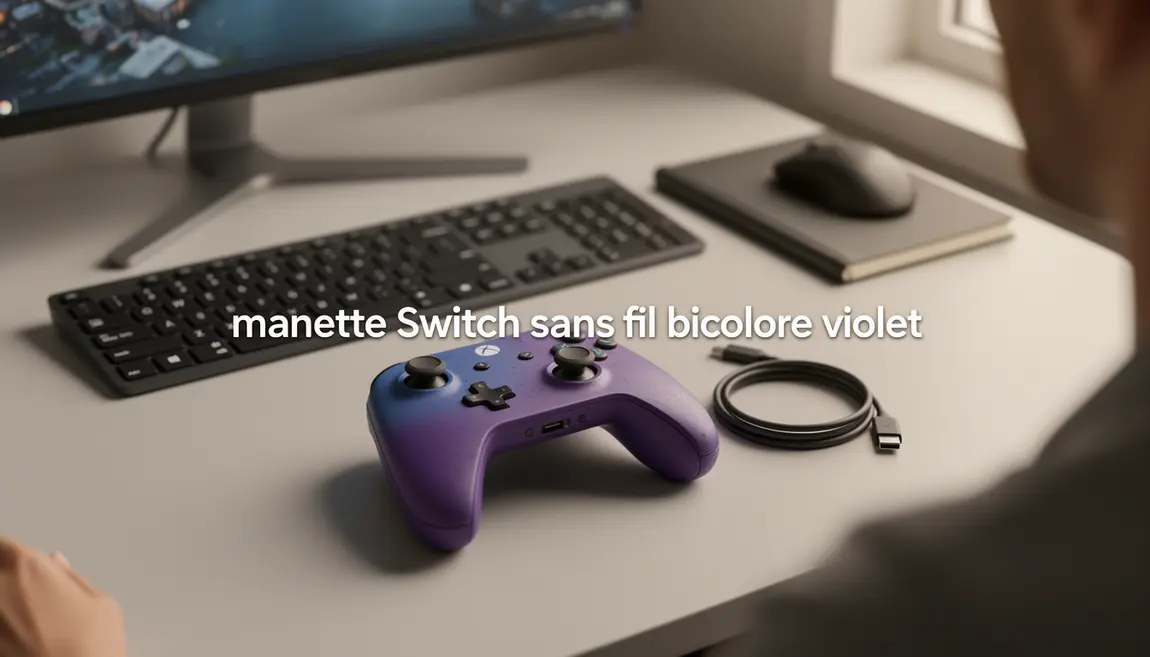 Manette Switch sans fil bicolore violet sur bureau moderne