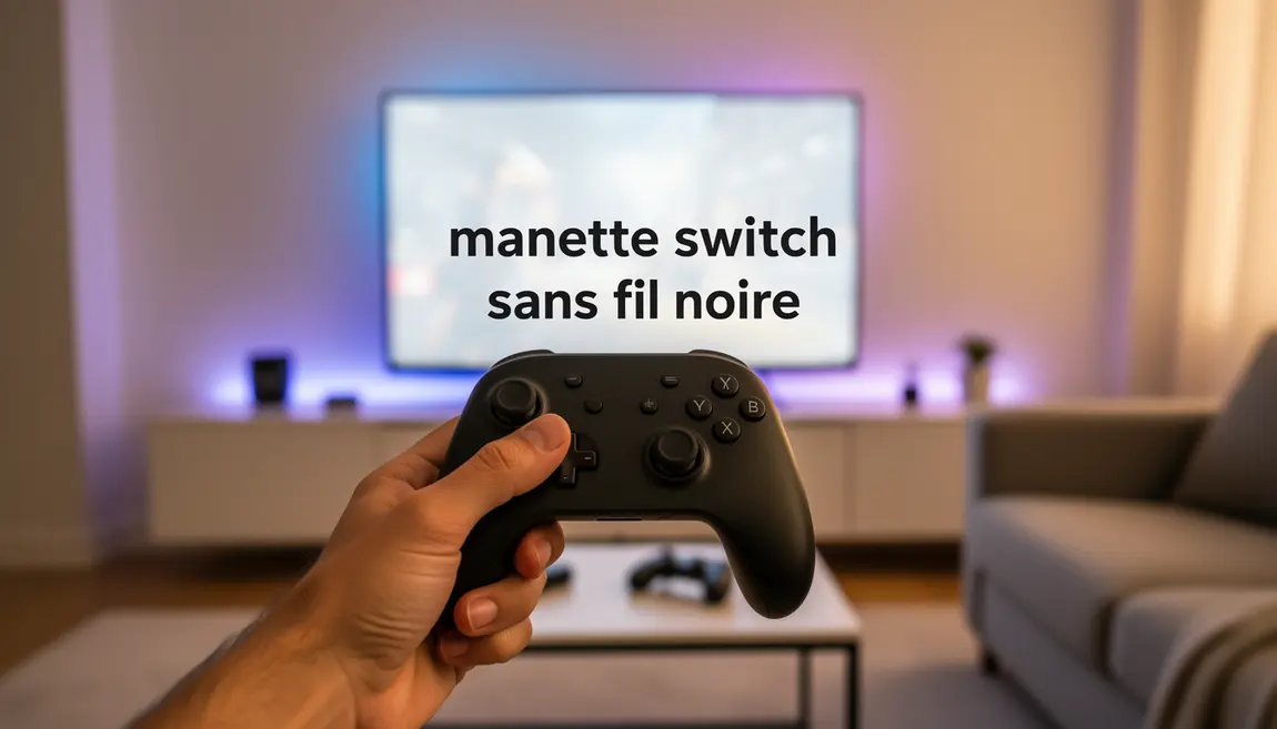 Main tenant une manette Switch sans fil noire devant écran LED