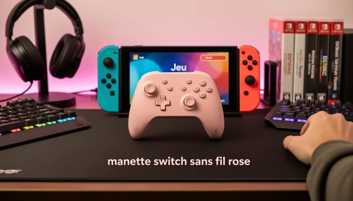 Manette Switch sans fil rose avec Nintendo Switch et accessoires