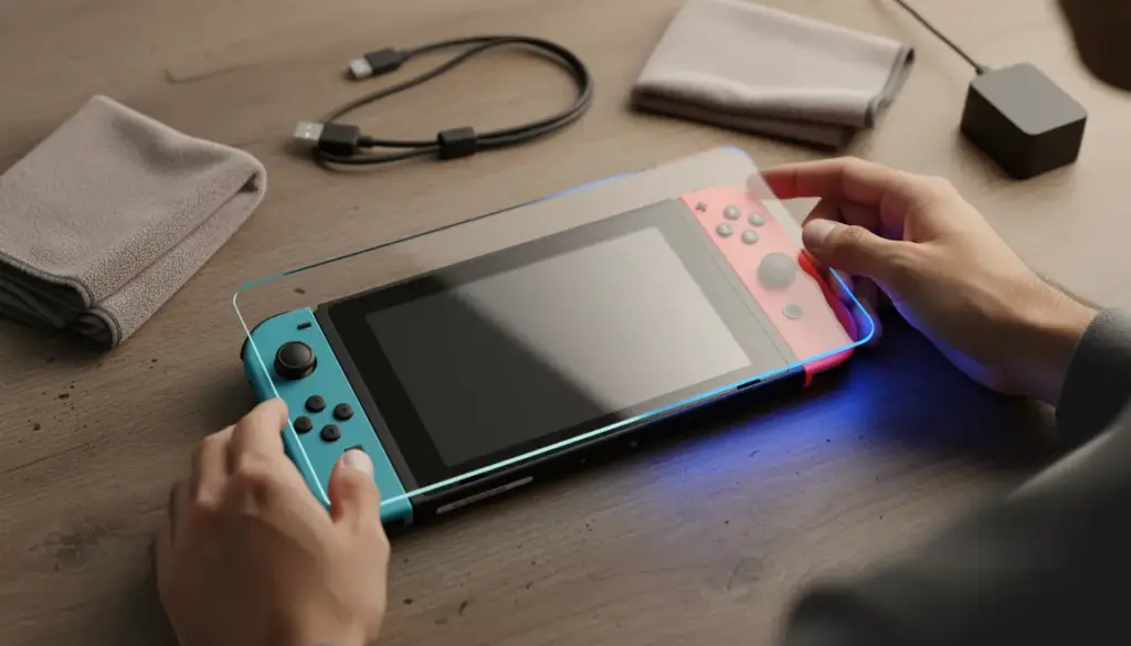 Nintendo Switch protegee par verre trempe anti lumiere bleue sur bureau