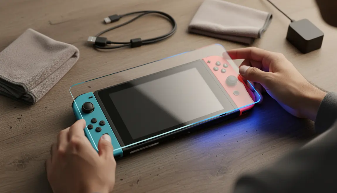 Nintendo Switch protegee par verre trempe anti lumiere bleue sur bureau