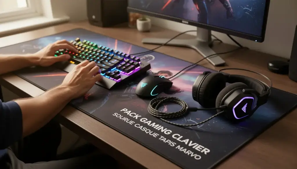 Pack gaming Marvo CM370 clavier souris casque tapis RGB sur bureau