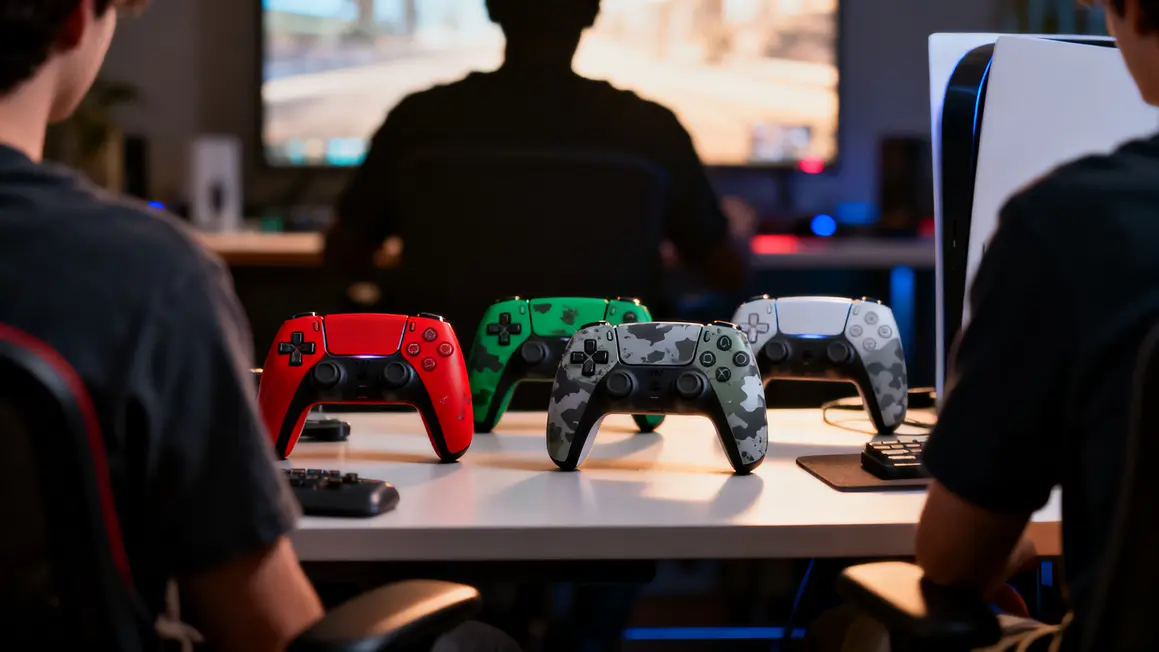 Manettes PS5 camo rouge vert gris sur bureau gaming
