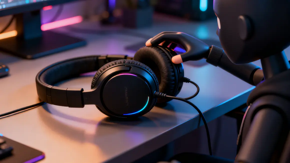 Casque gaming filaire Marvo HG9065 sur bureau, coussinets larges, bandeau reglable