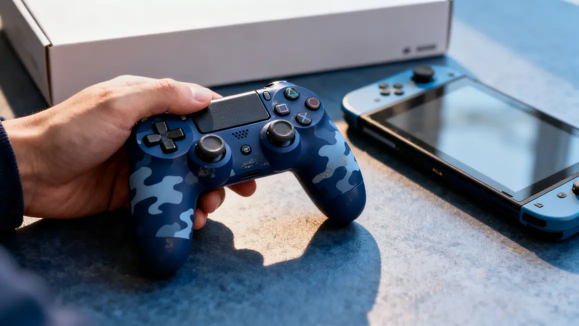 Manette Bluetooth Navy Camo Bleu gros plan avec boîte