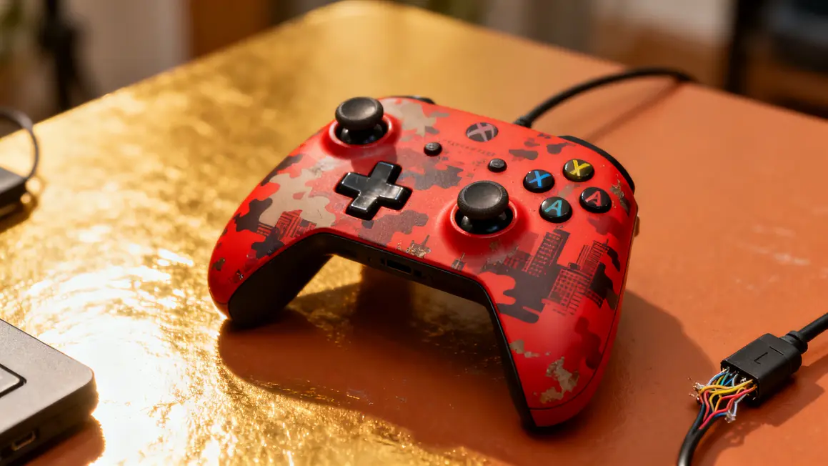 Manette PS4 bluetooth camouflage urban fire rouge sur table