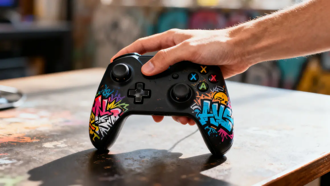 main saisissant manette switch bluetooth street art noire motifs colores