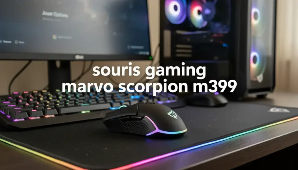 souris gaming Marvo M399 sur tapis RVB devant PC