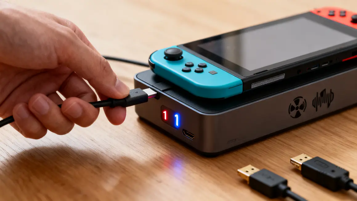 Main branchant USB-C sur dock ventilé Switch LED allumée