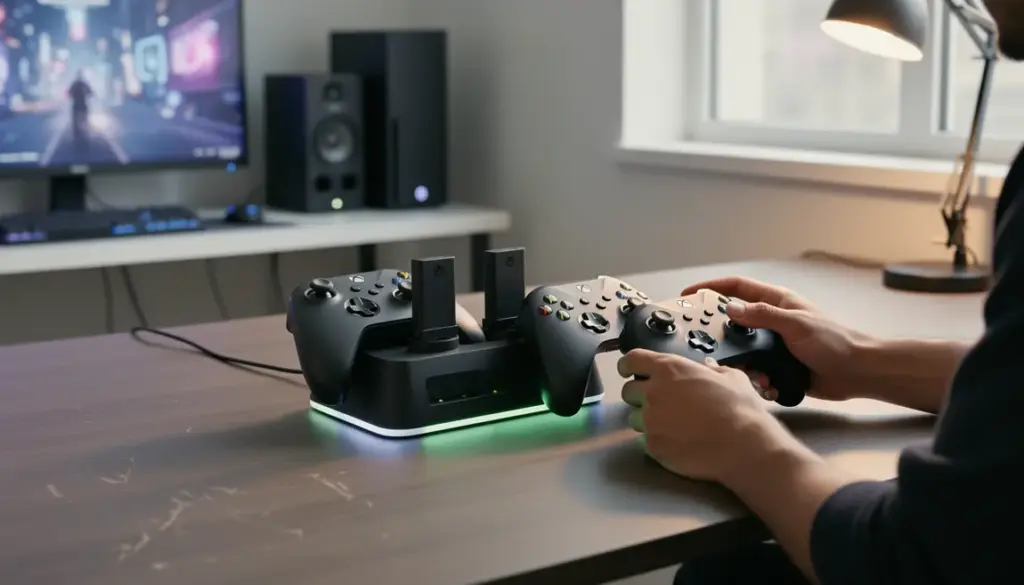 Station de charge Xbox Series X et One LED allumées sur bureau moderne