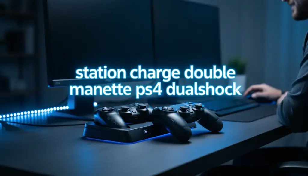 station charge double manette ps4 dualshock sur bureau gamer avec LED bleue