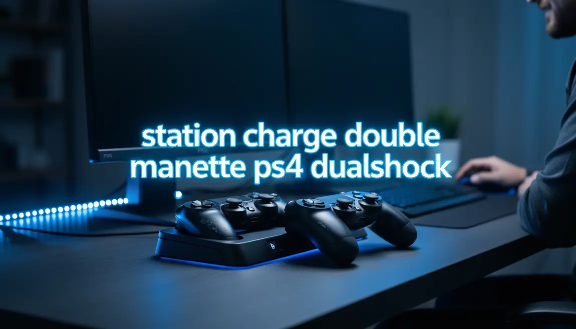 station charge double manette ps4 dualshock sur bureau gamer avec LED bleue