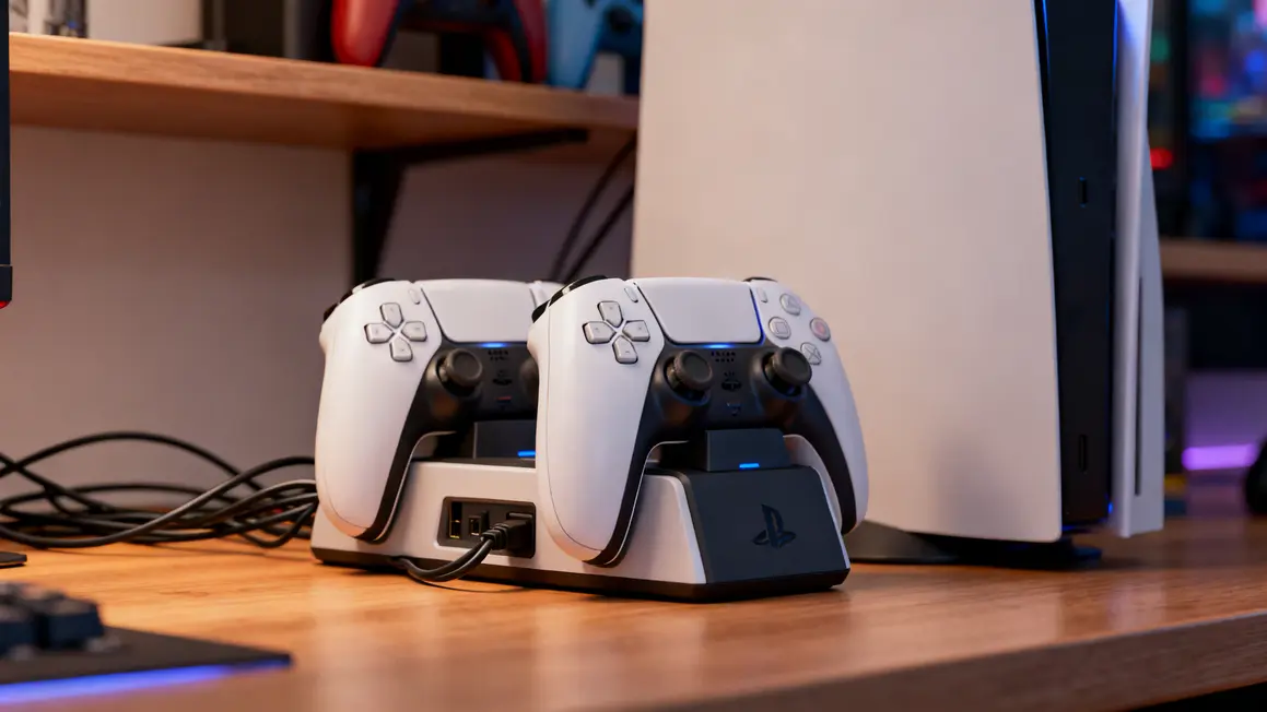 bureau joueur deux manettes ps5 dualsense sur station de charge