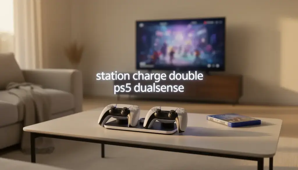 station de charge double ps5 dualsense et manettes blanches dans salon minimaliste