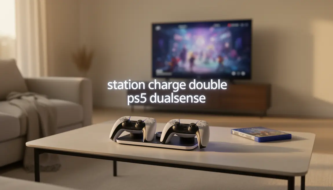 station de charge double ps5 dualsense et manettes blanches dans salon minimaliste