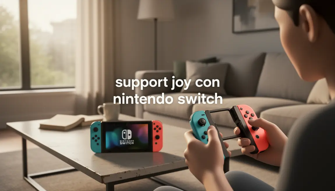 Support Joy-Con Nintendo Switch assemblé en main dans salon moderne