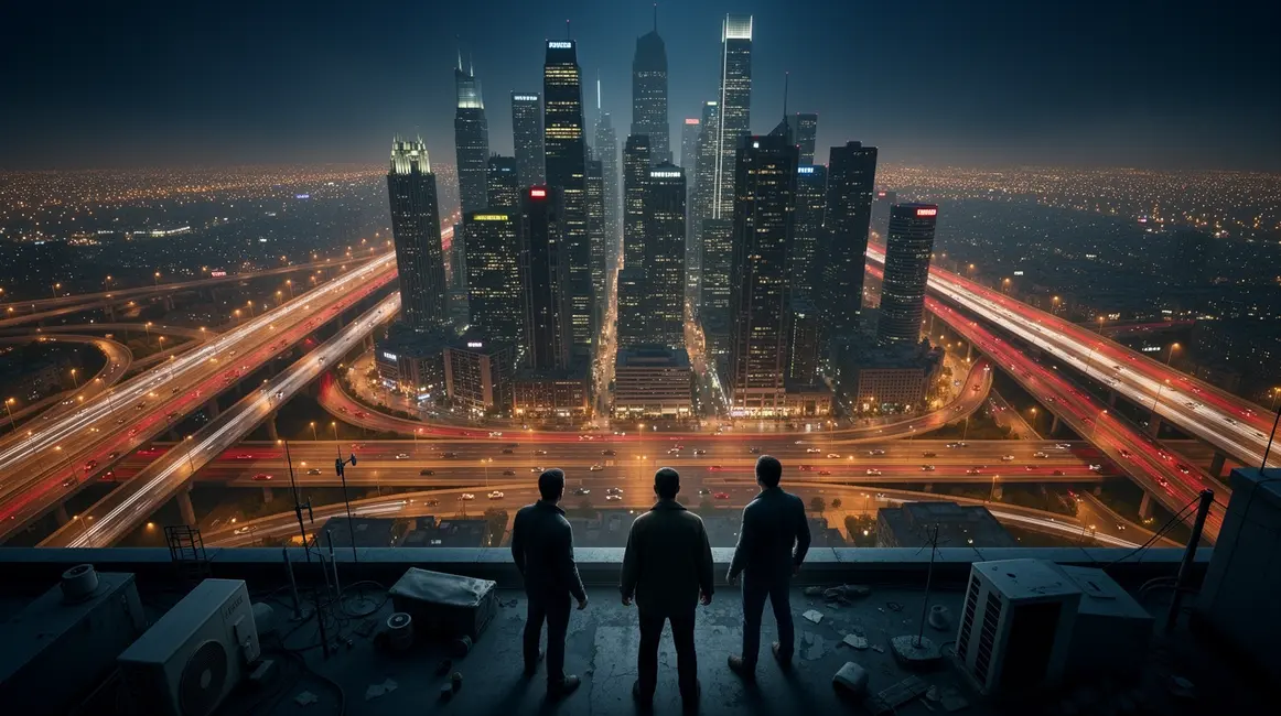 Vue aérienne GTA VI ville moderne ambiance nuit