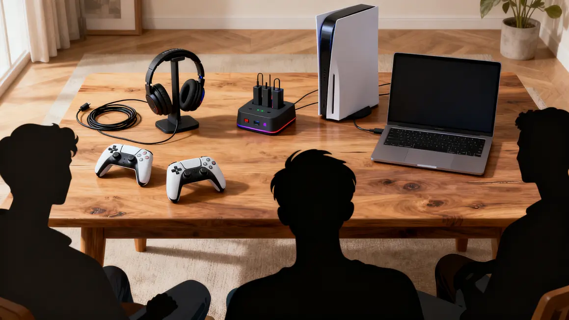 casque manettes station charge under control sur table