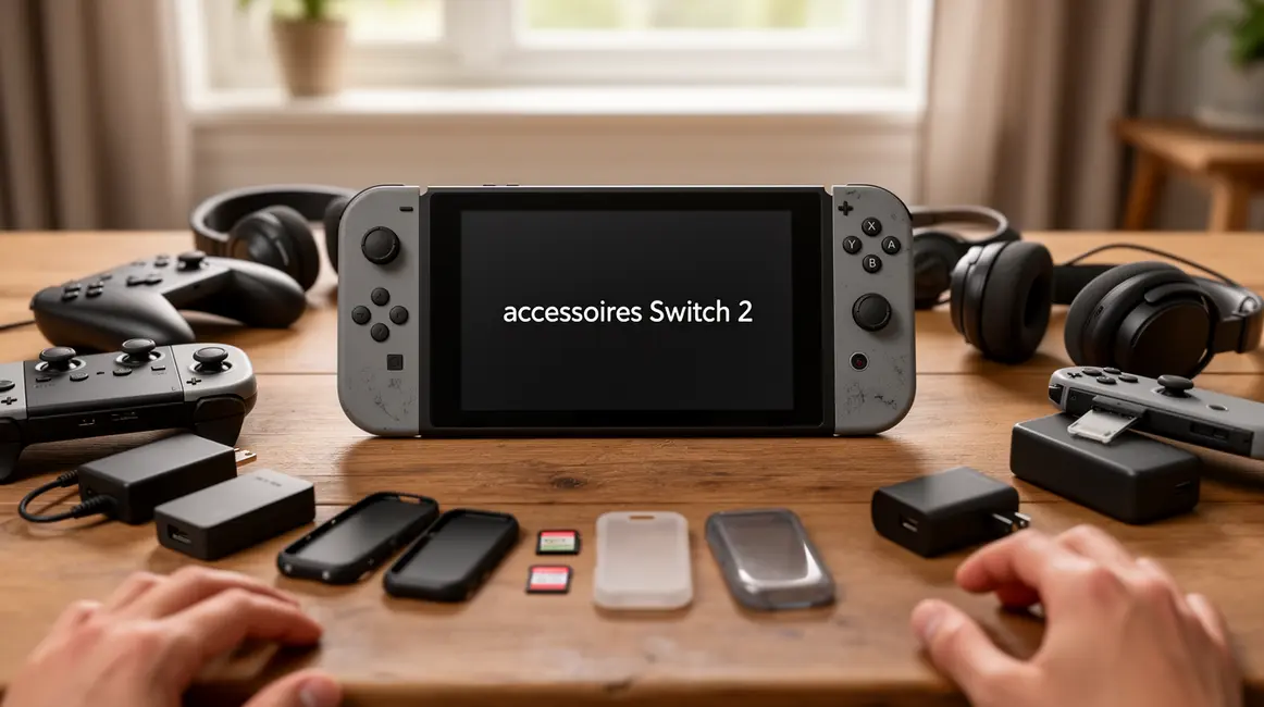 Console Switch 2 entourée d'accessoires gaming variés