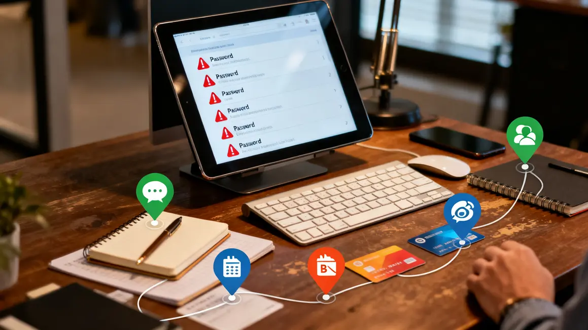 Liste mots de passe, icones alertes, pictogrammes messagerie banque reseaux sociaux