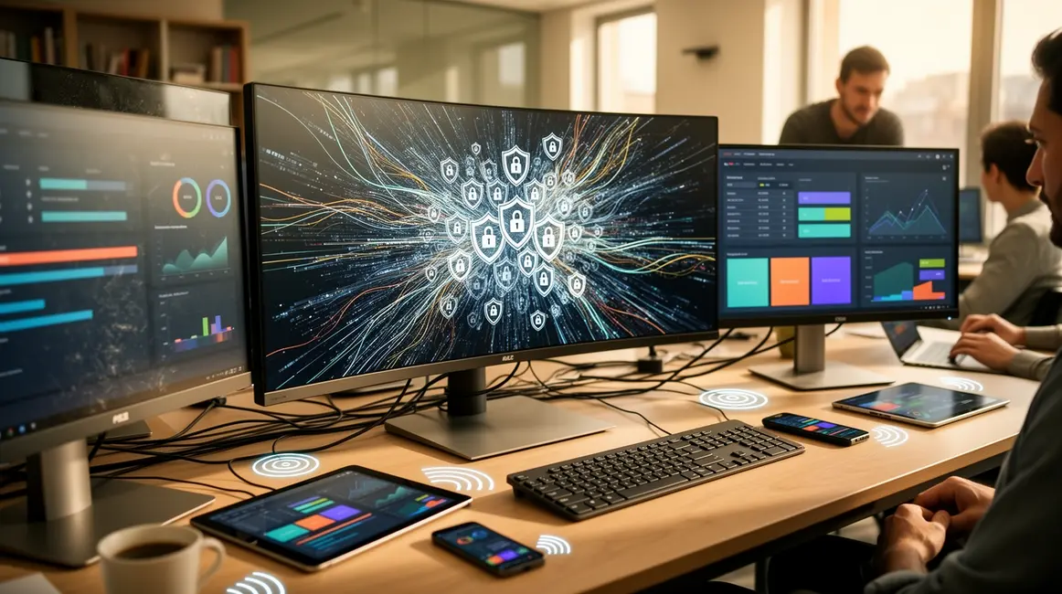 Bureau moderne high-tech sous contrôle, écrans et devices connectés