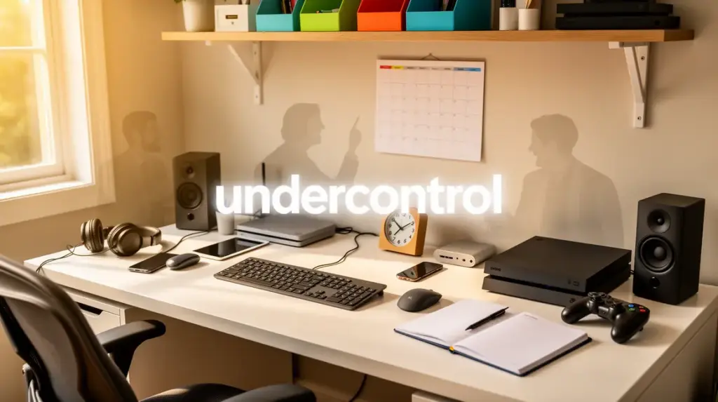 bureau moderne avec accessoires tech et console sous le mot undercontrol