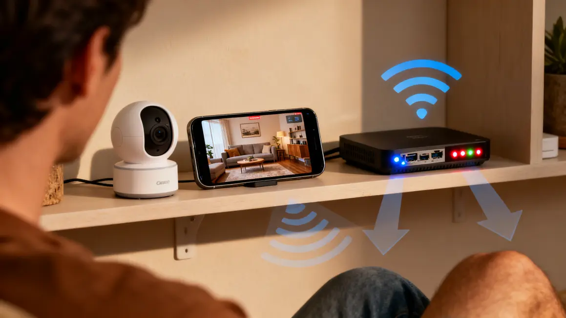 Camera connectée sur étagère, transmission wifi maison