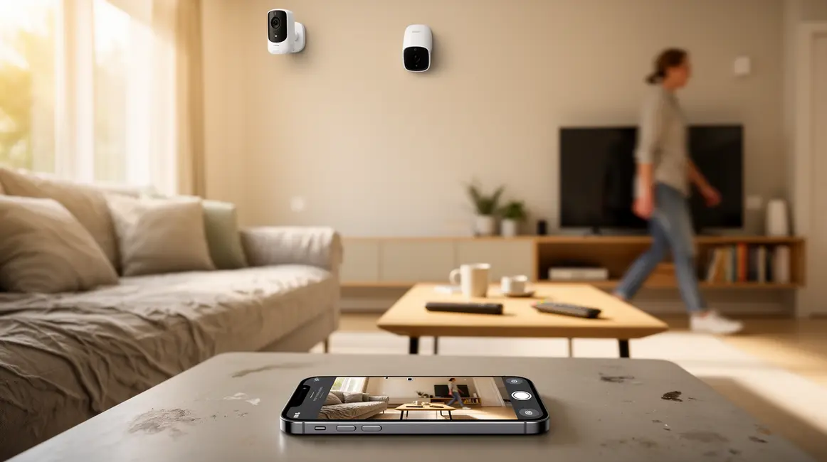 Camera connectée surveillant salon moderne, flux vidéo sur smartphone