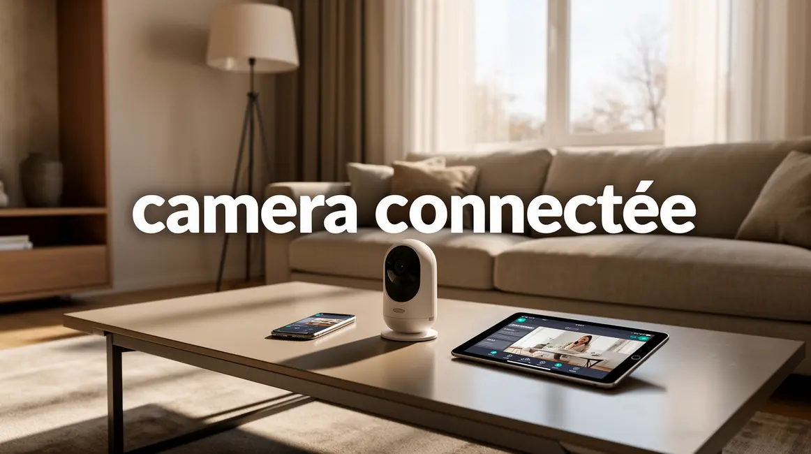 camera connectee dans salon moderne avec smartphone
