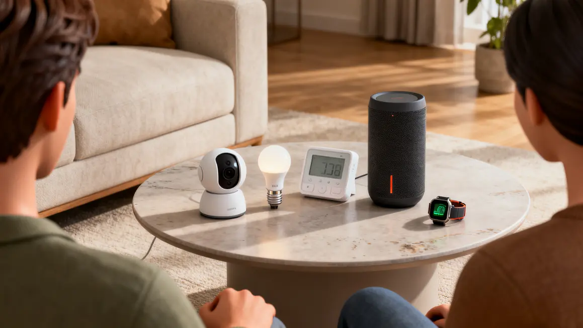 objets connectes sur table moderne, personnages observant