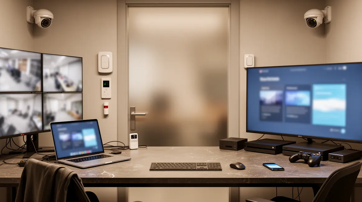 bureau moderne securite avec objets connectes cameras alarmes gaming