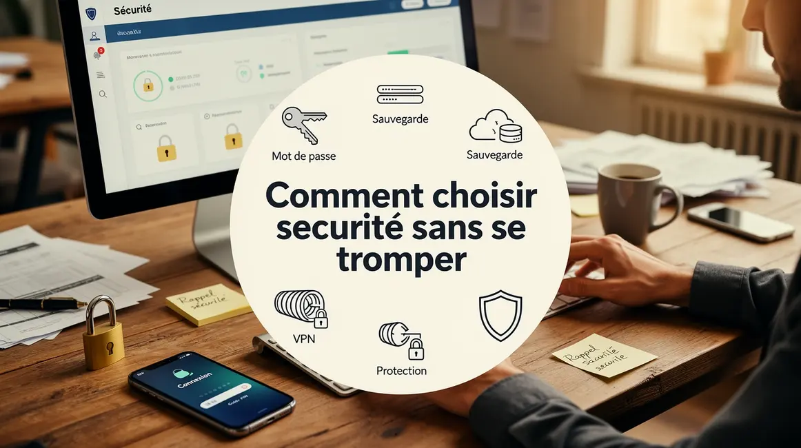 bureau moderne sécurité numérique avec icônes mot de passe VPN sauvegarde bouclier