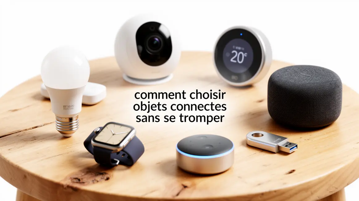 table bois avec objets connectes en cercle et texte central