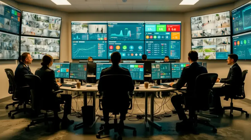 Salle de controle securite avec professionnels et ecrans