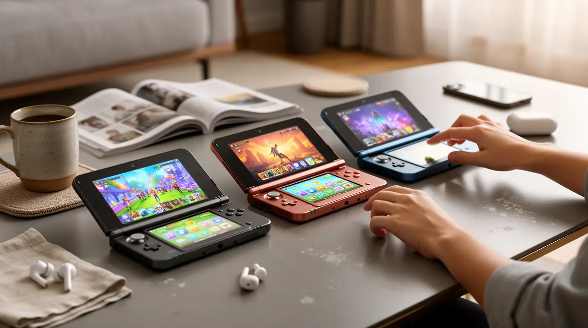 Quatre consoles Nintendo Switch sur table moderne, comparatif visuel