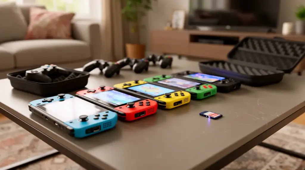 Consoles Switch alignées sur table, accessoires visibles