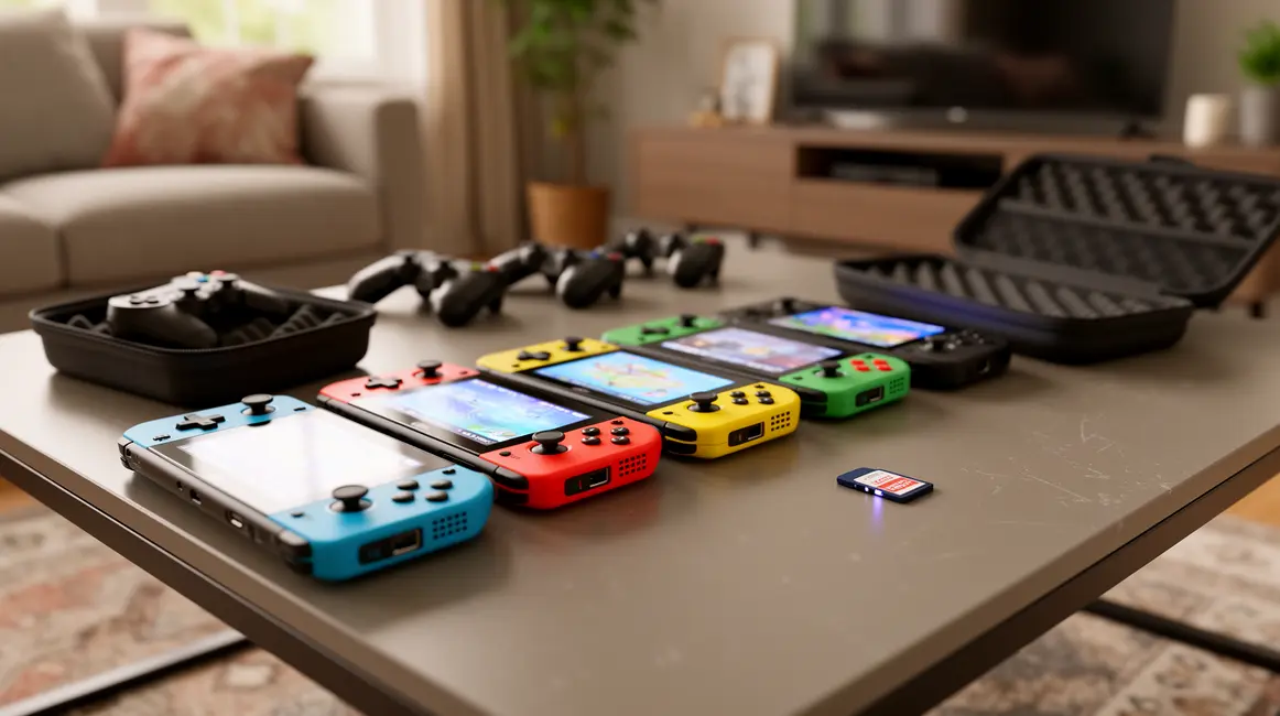 Consoles Switch alignées sur table, accessoires visibles