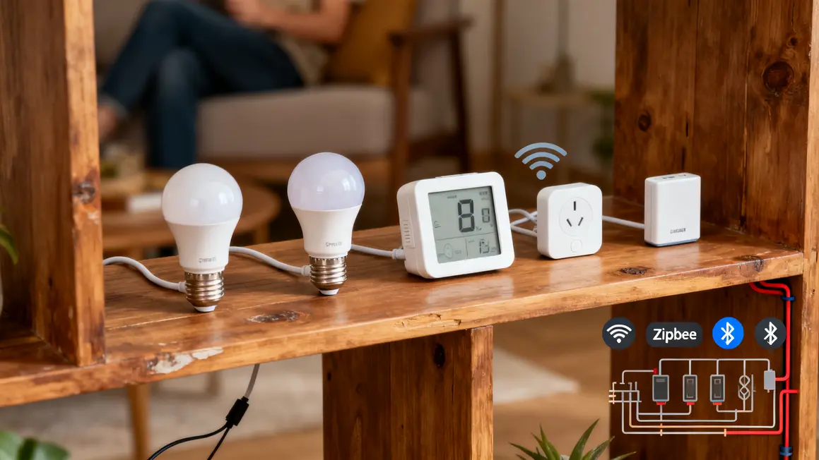 Etagère avec ampoules capteurs thermostat symboles réseaux