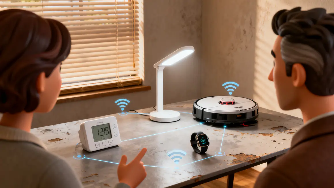 Objets connectés sur table illustrant gain de temps
