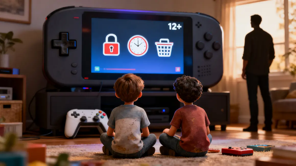 controle parental console enfant devant console, symboles cadenas horloge